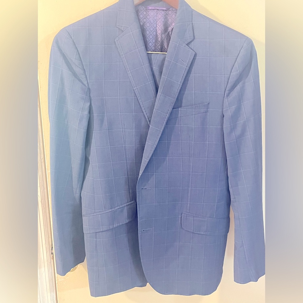 Ted Baker Windowpane/Plaid Jarrett CT Navy 100% Wool Suit Size 42R Pants 35x30